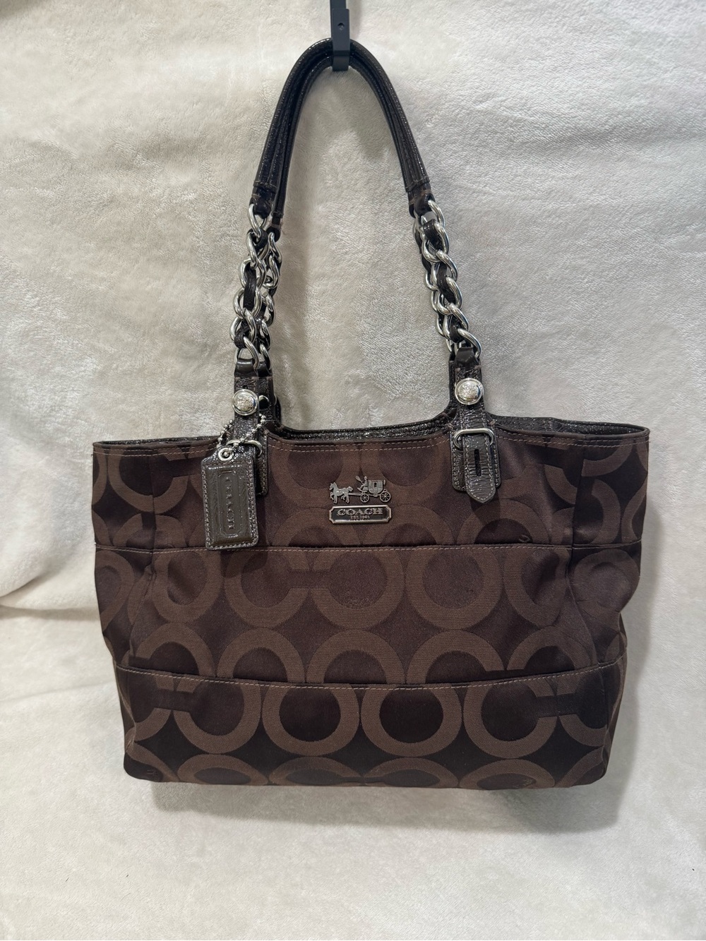 Coach Madison Op Art Tribeca Dark Brown Signature Circle Tote with Chain Handles
